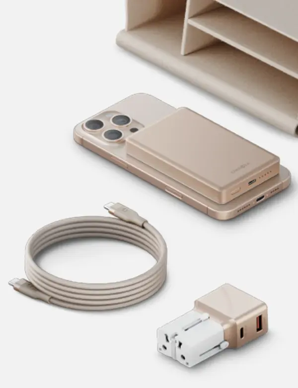 ENERGEA VOYAGER KIT | TRAVEL POUCH WITH 25W TRAVEL ADAPTER 100W MAGNETIC CHARGING CABLE AND 10000 MAH PD 20W ALUMINIUM POWERBANK | GOLD